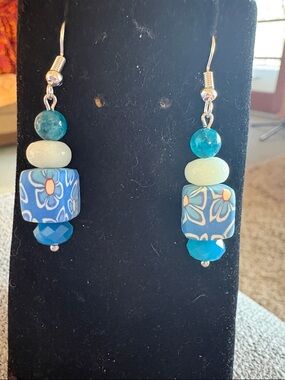 Hand Crafted Aqua Stones and AB Crystal Floral Bead Drop Earrings